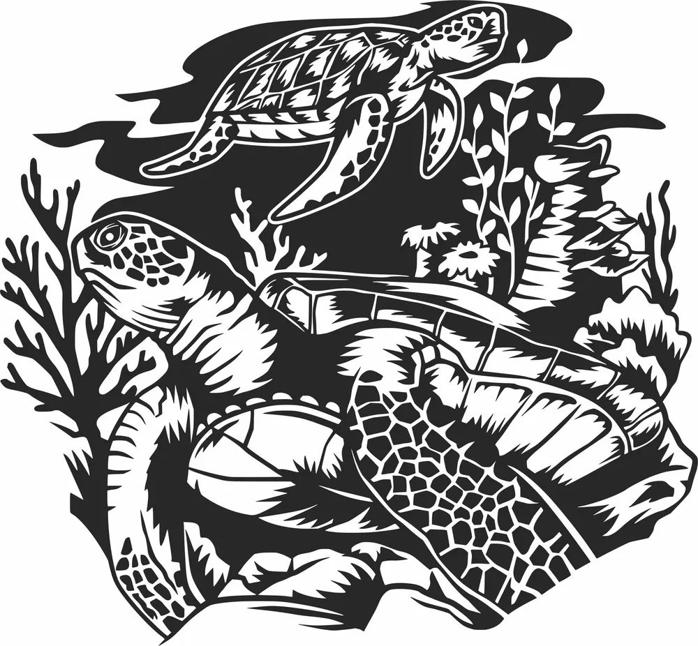 Sea Turtle Scene Clipart — full DXF linework preview