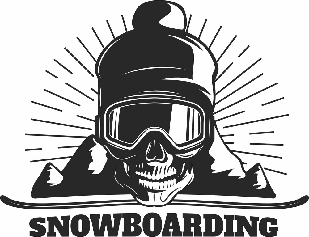 Snowboarding Skull Mountains Logo Design — full DXF linework preview