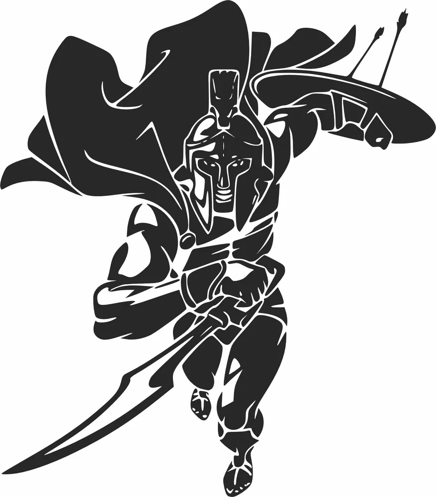 Spartan Warrior Charging with Sword Shield and Waving Cape — DXF linework preview