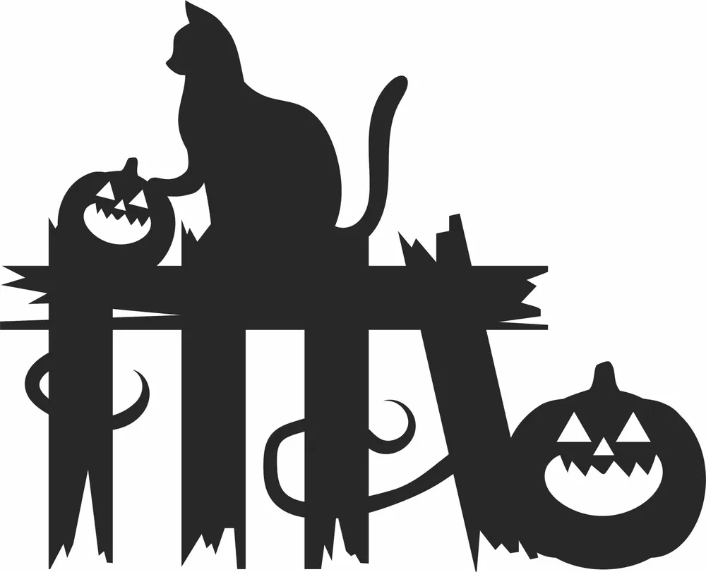 Spooky Cat Pumpkin Fence Clipart — full DXF linework preview