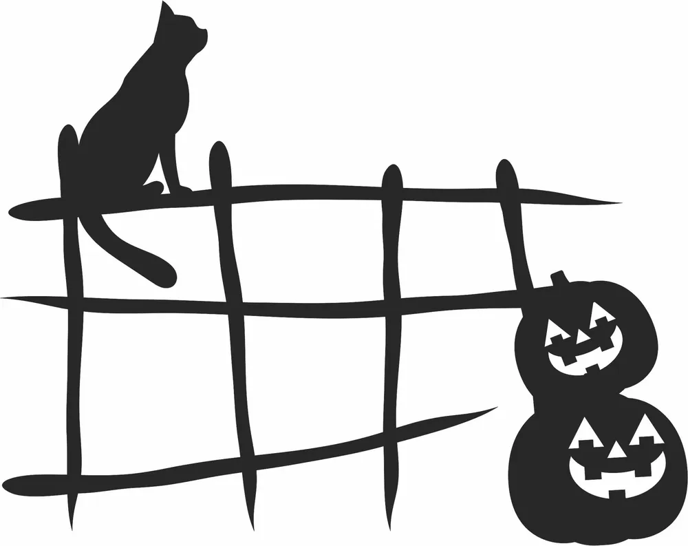 Spooky Cat Pumpkin Fence Clipart — full DXF linework preview