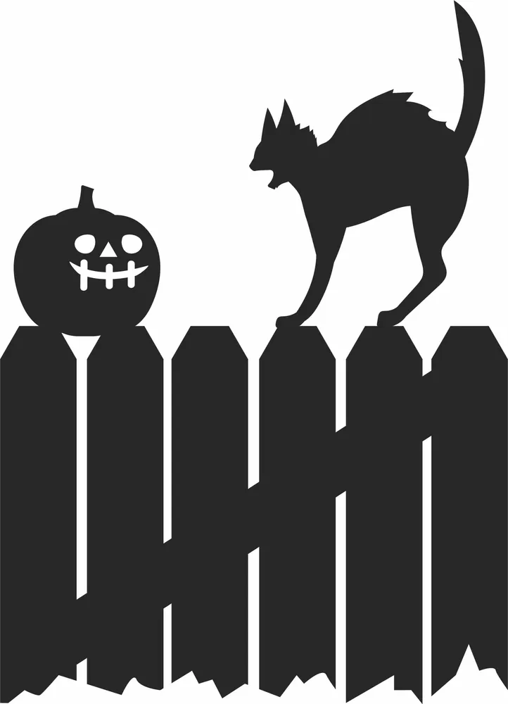 Spooky Cat Pumpkin Fence Clipart — full DXF linework preview