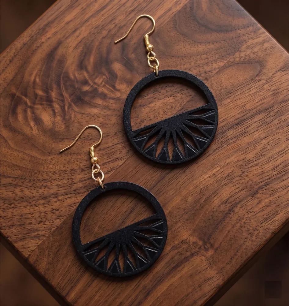 Sunburst Geometric Round Dangle Earrings — full DXF linework preview