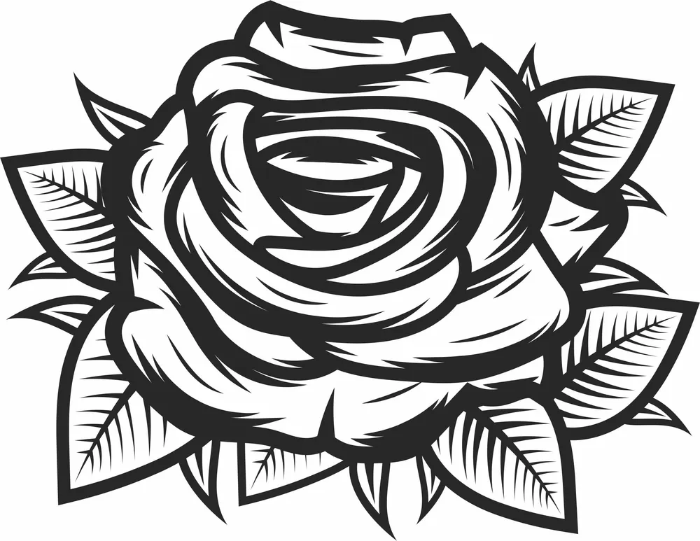 Tattoo Rose Laser Cut Design Vector — full DXF linework preview