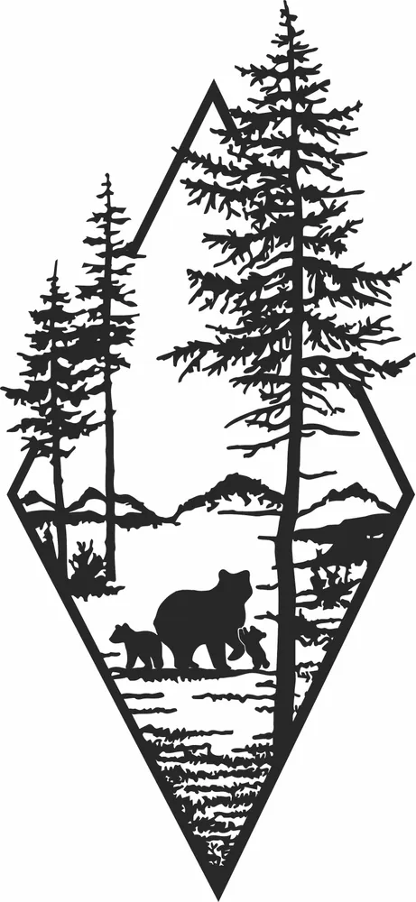 Wildlife Bear Scene Wall Decor Clipart — full DXF linework preview
