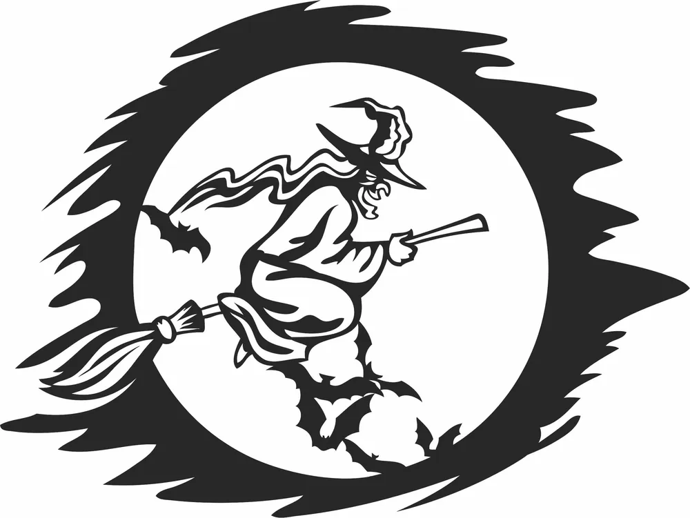 Witch Riding Broom Clipart — full DXF linework preview