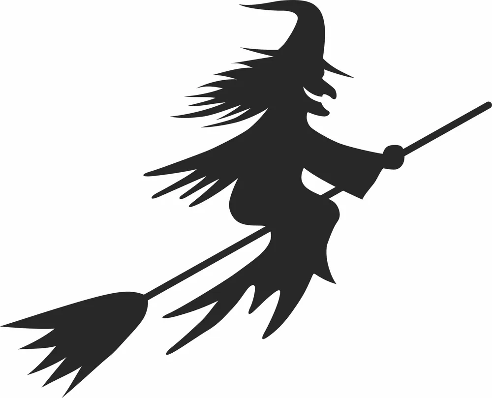 Witch Riding Broom Clipart — full DXF linework preview