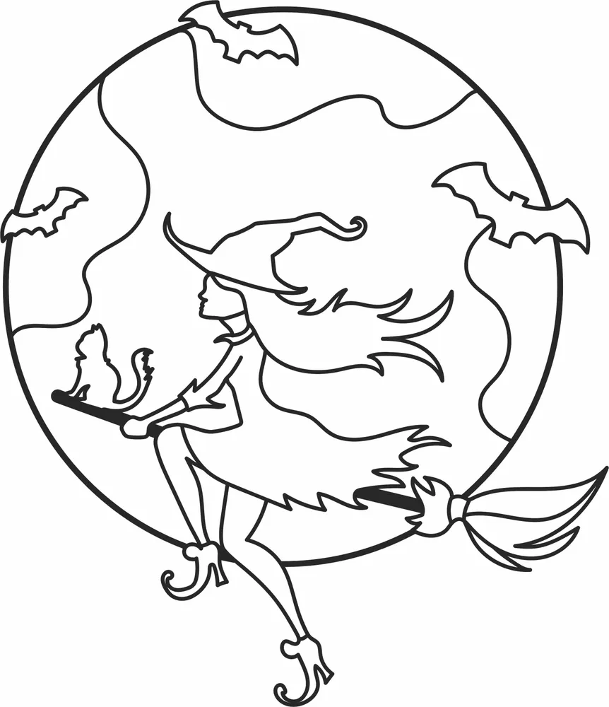 Witche Ride on Broom Halloween Clipart — full DXF linework preview