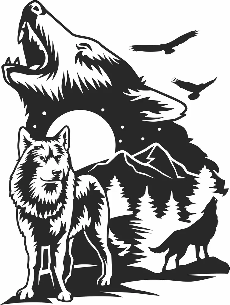 Wolf Howl Scene Clipart — full DXF linework preview