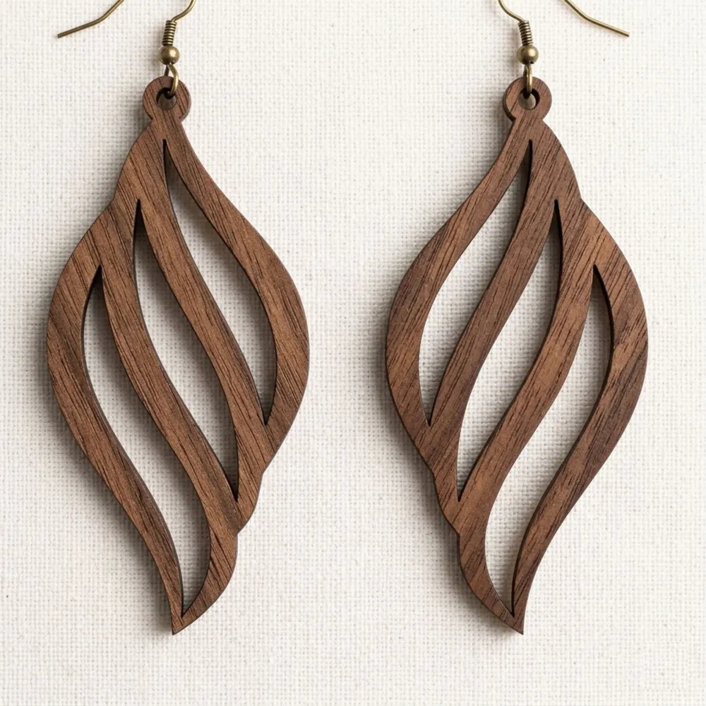 Wooden Abstract Swirl Cutout Dangle Earrings — full DXF linework preview